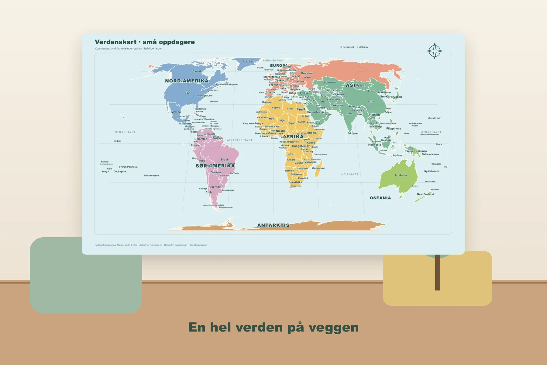 Stort verdenskart som veggdekor i et nordisk rom